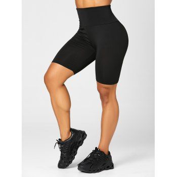 

Summer Short Leggings Solid Color Ruched Elastic High Waist Skinny Casual Leggings, Black