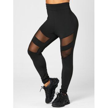 

Casual Leggings Solid Color Sheer Mesh Striped Panel Elastic Waist Trendy Long Leggings, Black
