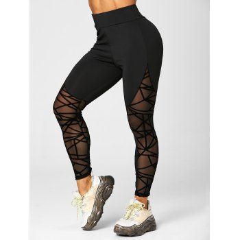 

Casual Leggings Sheer Mesh Panel Geometric Print Elastic Waist Solid Color Long Leggings, Black