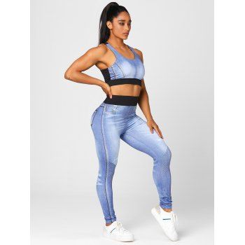 

Denim 3D Print Colorblock Racer Bra Top And High Waist Skinny Jeggings Gym Suits, White
