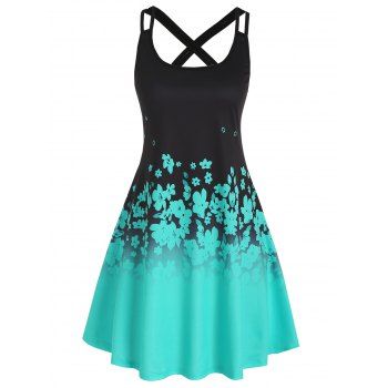 

Flower Print Mini Dress Strappy Cross Back Cami Dress Vacation A Line Dress, Green