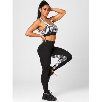 

Zebra Print Racer Bra Top And High Waist Legging Sport Suits, Black