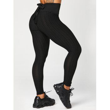 

Skinny Leggings Textured Solid Color Bowknot Cut Out High Elastic Waist Long Sports Leggings, Black