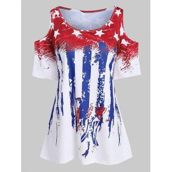 

Vintage T Shirt American Flag Print T-shirt Cold Shoulder Star And Stripe Print Short Sleeve Tee, Red