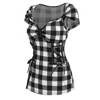 

Plus Size & Curve T Shirt Plaid Checkerboard Print T-shirt Lace Up Cap Sleeve Tee, White