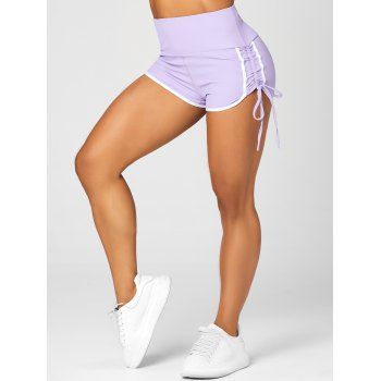 

Sports Shorts Colorblock Textured Skinny Elastic High Waist Cinched Lace Up Yoga Shorts, Light purple