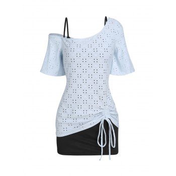 

Summer Two Piece Set Skew Neck Floral Eyelet Short Sleeve T Shirt And Pure Color Camisole, Light blue