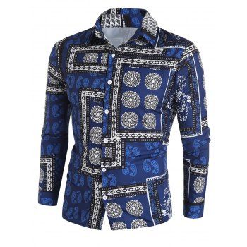 

Casual Shirt Printed Paisley Long Sleeve Turn Down Collar Trendy Bohemian Button-up Shirt, Deep blue