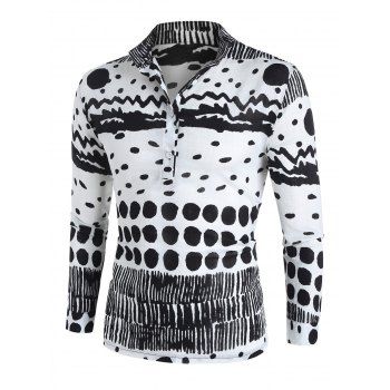 

Casual Shirt Wavy Geometric Printed Long Sleeve Stand Collar Half Button Trendy Shirt, White