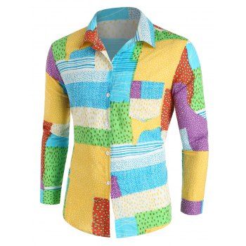 

Colorblock Geometric Print Turn Down Collor Long Sleeve Casual Button-up Shirt, Yellow