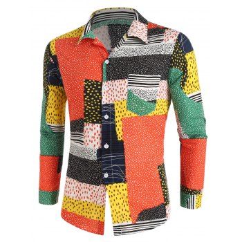 

Colorblock Geometric Print Turn Down Collor Long Sleeve Casual Button-up Shirt, Green