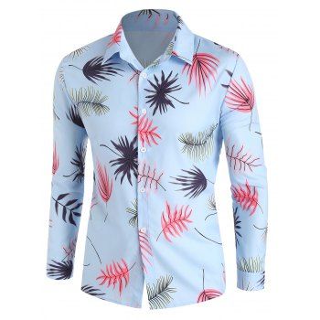 

Vacation Shirt Leaf Print Shirt Long Sleeve Turn Down Collar Casual Button-up Shirt, Light blue