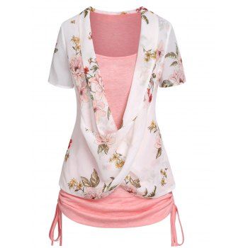 

2 In 1 Flower T Shirt Crossover Ruched Cinched Side Short Sleeve Summer Tee, Light pink