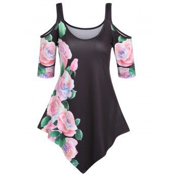 

Flower Print T Shirt Cold Shoulder Asymmetrical Pointed Hem Half Sleeve Casual Tee, Black