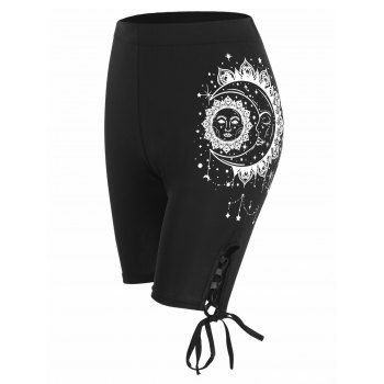 Women Casual Capri Pants Vintage Pants Sun Moon Star Print Elastic Waist Summer Pants Clothing S Black