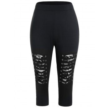 

Plus Size Capri Leggings Solid Color Flower Lace Panel Grommet Cut Out Skinny Summer Casual Leggings, Black