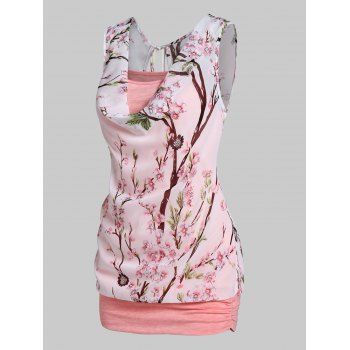 

2 In 1 T Shirt Peach Blossom Flower Space Dye Print Chiffon T-shirt Cowl Neck Sleeveless Twofer Tee, Light pink