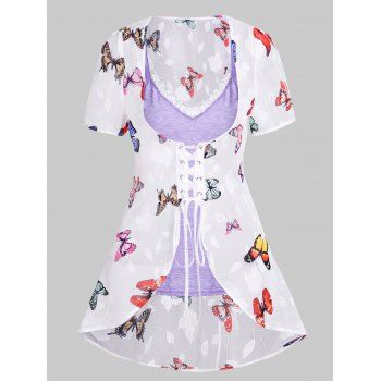 

Butterfly Print Lace Up Chiffon Blouse And Lace Trim Camisole Two Piece Set, Light purple