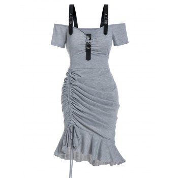

Heather Casual Mini Dress Cold Shoulder Cinched Ruched Empire Waist Ruffle Adjustable Strap Summer Dress, Light gray