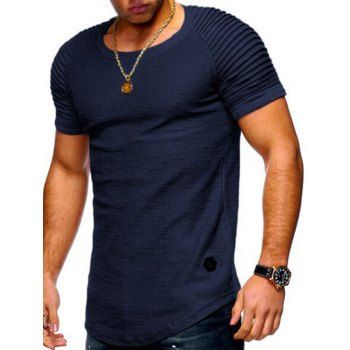 Men T-Shirts Casual T Shirt Solid Color Pleated Applique Round Neck Short Reglan Sleeve Summer Tee Clothing Online Xs Deep blue