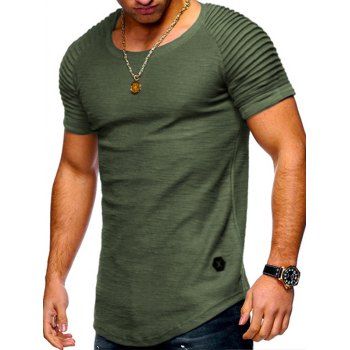 

Casual T Shirt Solid Color Pleated Applique Round Neck Short Reglan Sleeve Summer Tee, Green