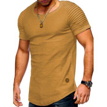

Casual T Shirt Solid Color Pleated Applique Round Neck Short Reglan Sleeve Summer Tee, Yellow