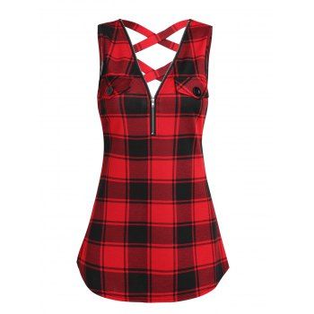 

Plaid Print Half Zipper Tank Top Crisscross Cut Out Mock Button Top, Red