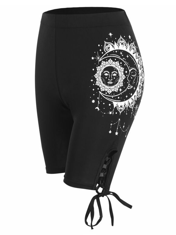 Pantalon D'Eté Corsaire Vintage Décontracté à Imprimé Etoile Lune et Soleil à Taille Elastique - Noir S