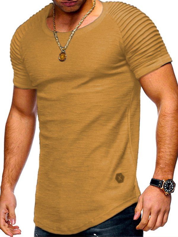 T-shirt D'Eté Décontracté Applique Plissé en Couleur Unie à Manches Courtes à Col Rond - Jaune L