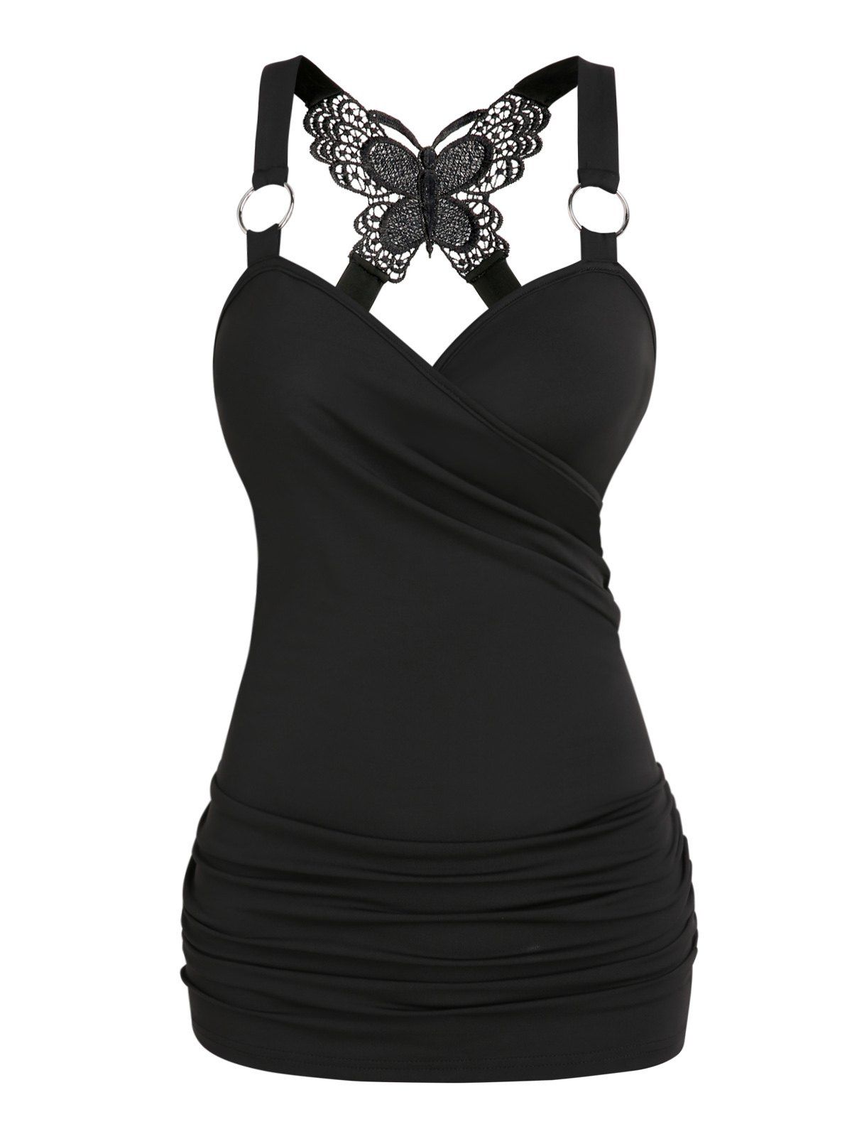 Gothic Tank Top Ruched Butterfly Lace Cross Tank Top O Ring Surplice Summer Top - BLACK L
