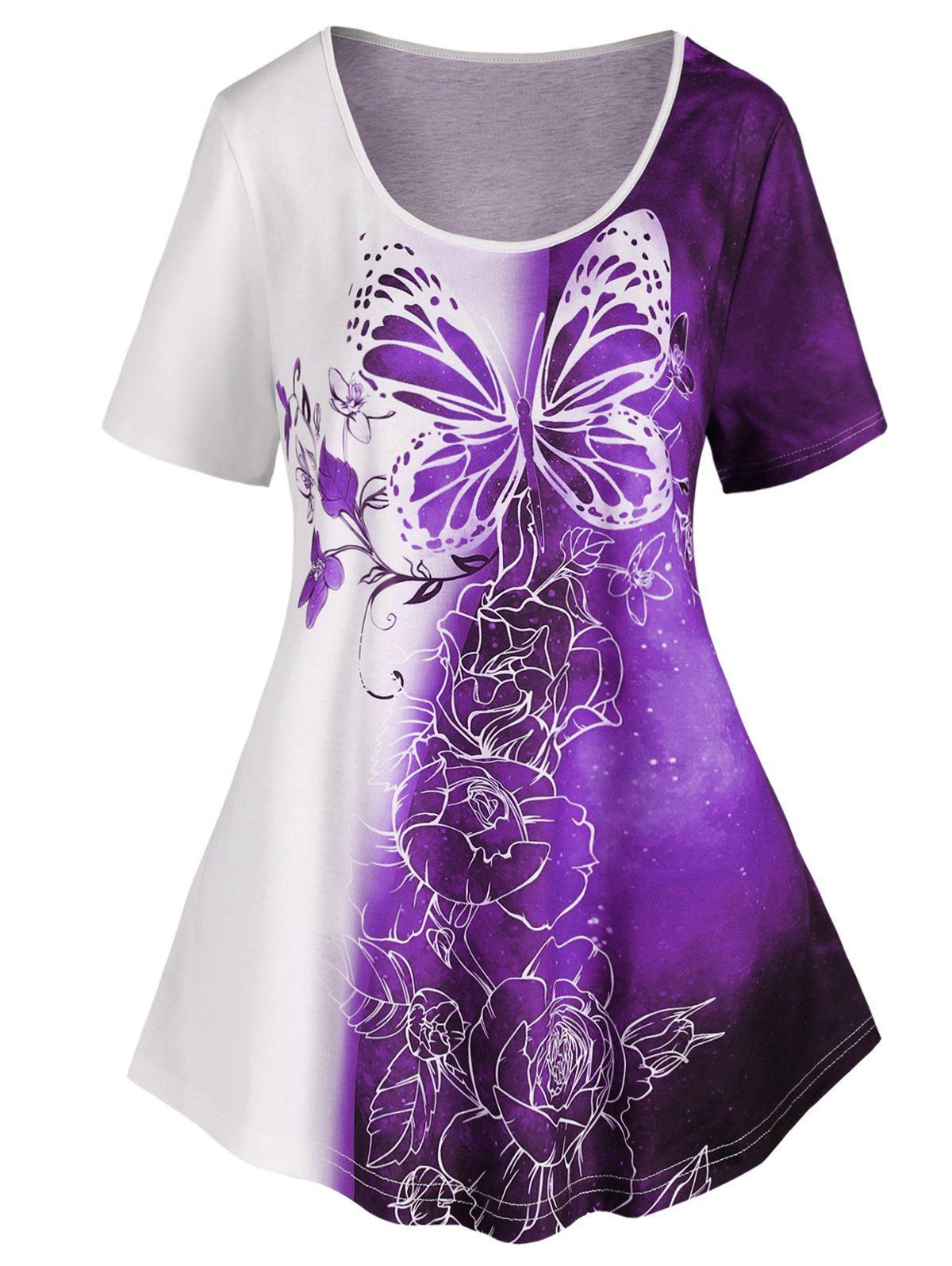 T-shirt en Bloc de Couleur Ombre à Imprimé Galaxie Fleur et Papillon - Pourpre XXL