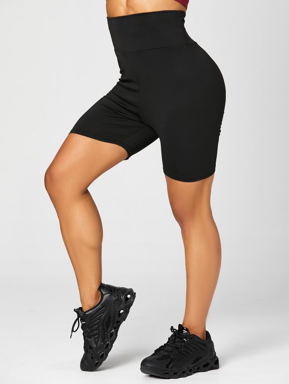 Skinny Sports Shorts Solid Color Elastic High Waist Summer Casual Yoga Shorts - BLACK S