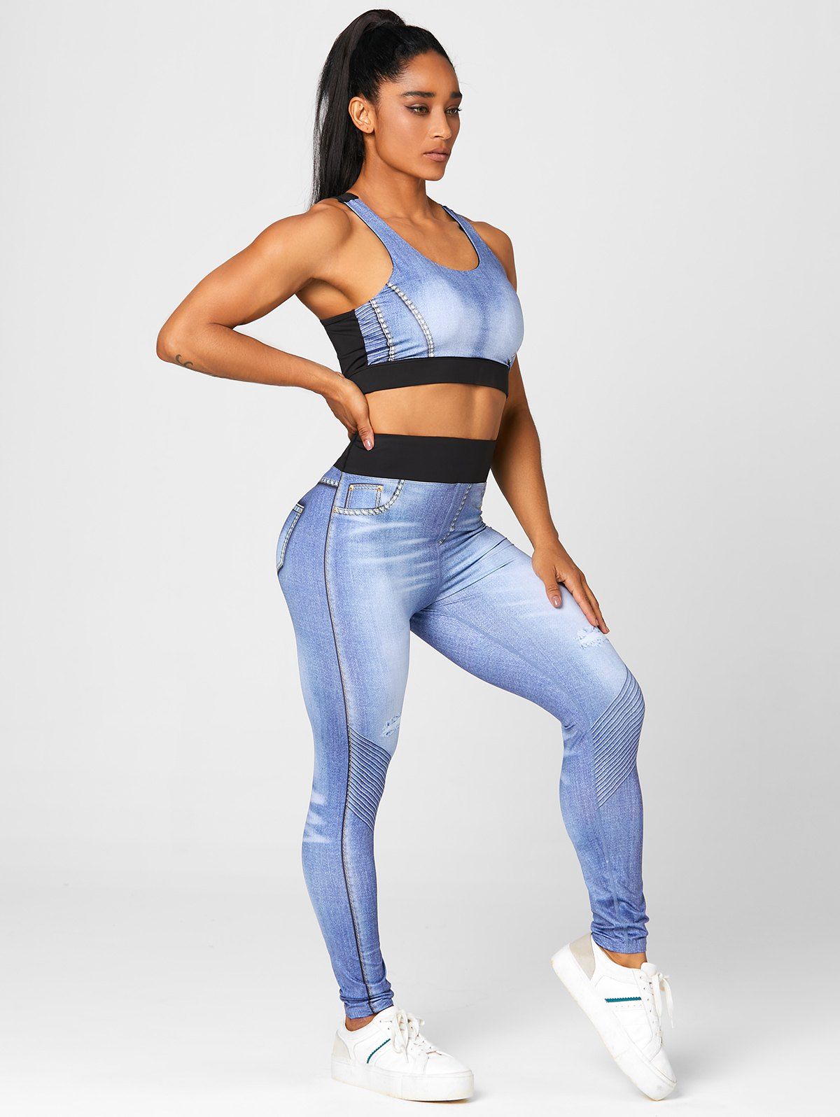 Legging de Gym Moulant à Taille Haute et Top à 3D Jean en Blocs de Couleurs - Bleu clair XL