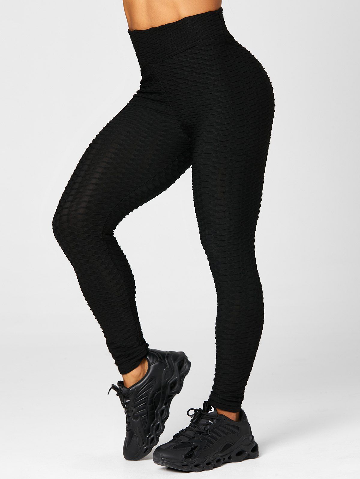 Legging de Yoga de Sport Long Texturé à Taille Elastique en Couleur Unie - Noir XL