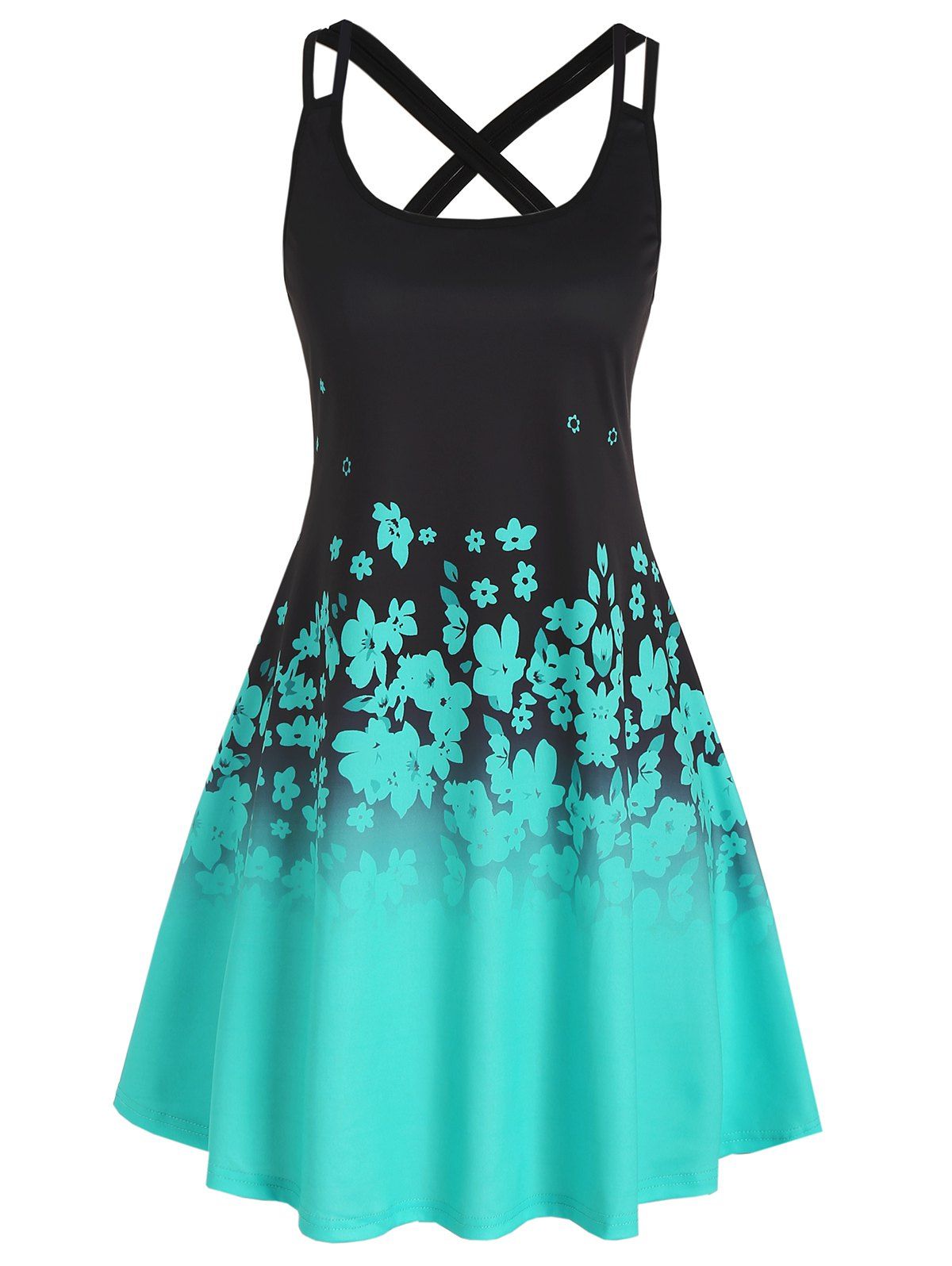Ombre Floral Print Dress Strappy Cross Back Mini Dress Vacation A Line Dress - GREEN L