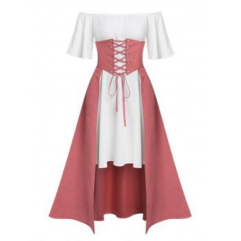 

Off The Shoulder Dress and Lace Up Midi Corset Skirt Set, White
