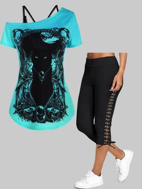 Gothic Cat Skull Print Tee and Cami Top Set And Lace Up Capri Leggings Summer Outfits