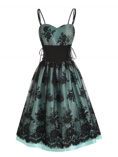 Party Dress Rose Lace Overlay Lace Up Sleeveless Spaghetti Strap High Waist A Line Midi Prom Dress