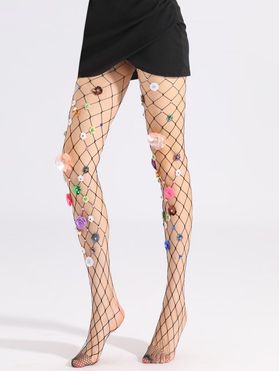 Fishnet Pantyhose Sequined Geometric Flower Pattern Rhinestone Cut Out Elastic Waist Summer Skinny Sheer Stockings