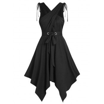 

Crossover Cinched Tie Hanky Hem Dress, Black