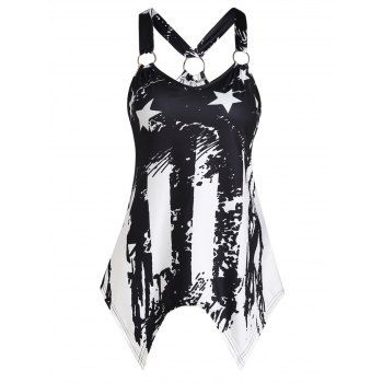 

American Flag Casual Tank Top Star Striped Print O Ring Cut Out Handkerchief Summer Top, Black