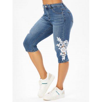 

Summer Capri Denim Pants Floral Lace Panel Hollow Out Pockets Zipper Fly Casual Pants, Blue