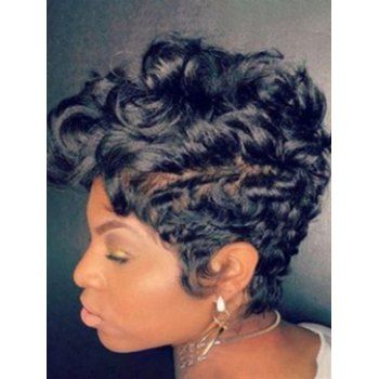 

Short Wig Curly Wig Solid Color Side Bang Heat Resistance Synthetic Hair, Black