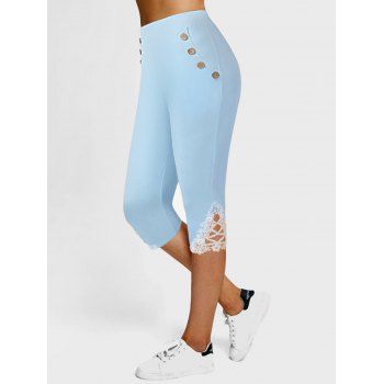 

High Waisted Lace Applique Capri Leggings, Light blue