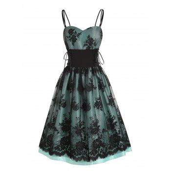 

Party Dress Rose Lace Overlay Lace Up Sleeveless Spaghetti Strap High Waist A Line Midi Prom Dress, Green