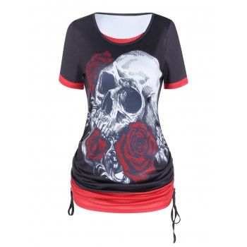 

Gothic T Shirt Skull Rose Print T-shirt Colorblock Cinched Tie Short Sleeve Tee, Black