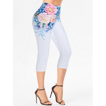 

Casual Jeggings Floral Leaf Print Elastic Waist Summer Capri Leggings, White