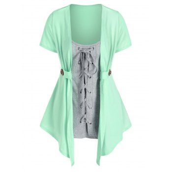 

Plus Size & Curve 2 In 1 Top Lace Up Asymmetric Hem Top Mock Button Contrast Short Sleeve Faux Twinset Top, Light green