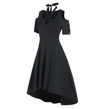 

Casual Dress Solid Color Dress Cut Out Cold Shoulder Tied High Waist High Low Midi Dress, Black