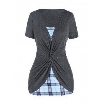 

Casual Faux Twinset T Shirt Plaid Print T Shirt Colorblock Twisted Short Sleeve Summer 2 In 1 Tee, Dark gray